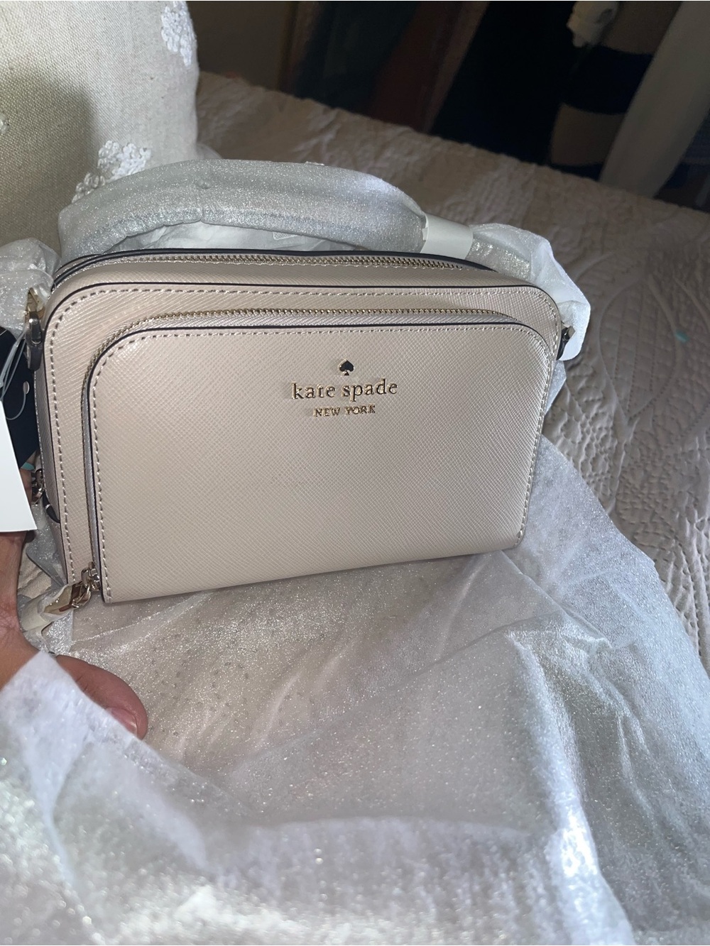 kate spade Light Beige Saffiano Leather Double-Zip Crossbody